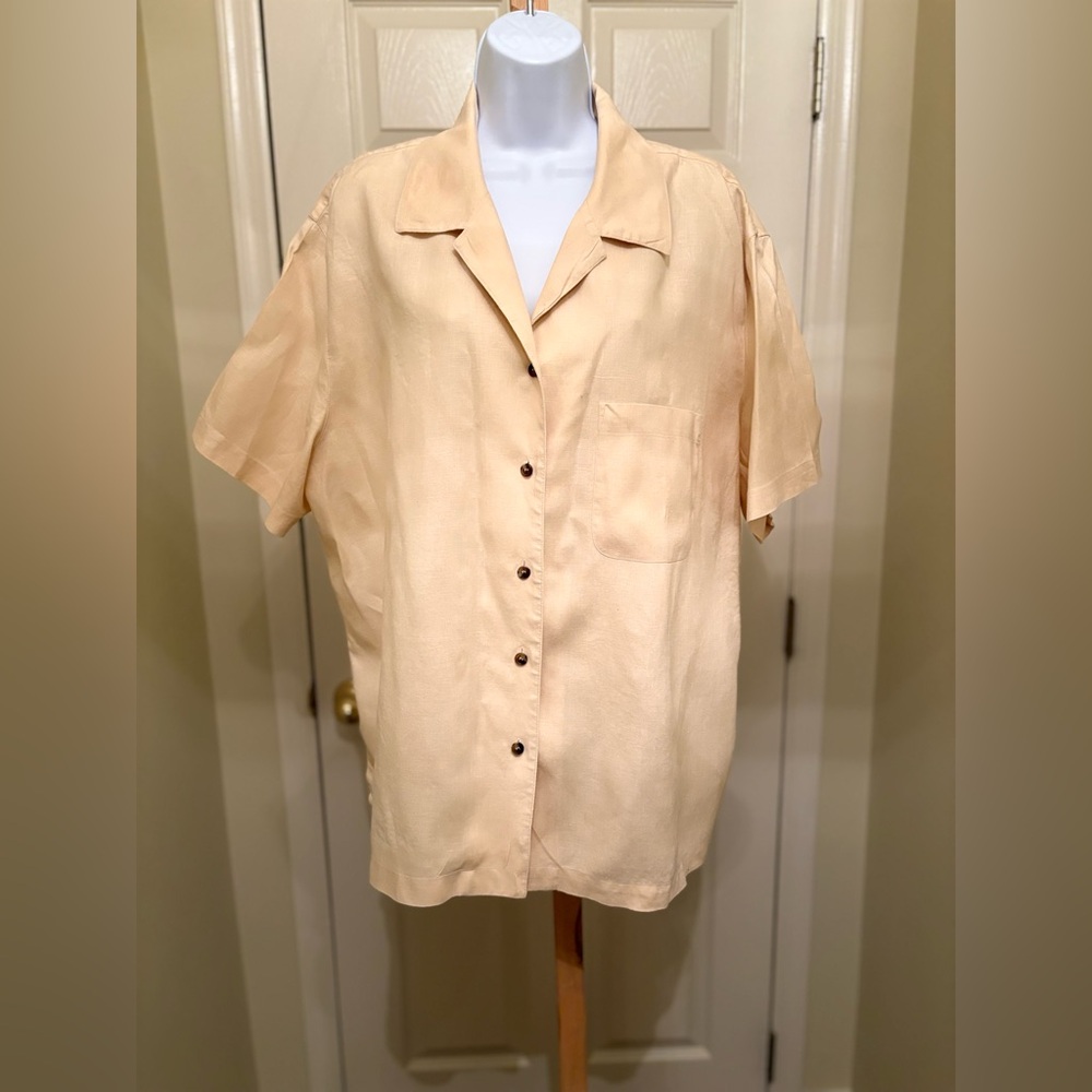 JONES N.Y. Woman’s LINEN Light Yellow Short Sleeve Button Down Shirt, Size: 3X